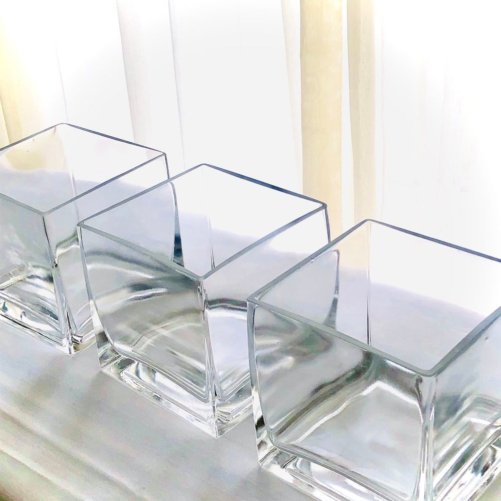 (3) Clear Glass Cube Centerpiece Candle Holders